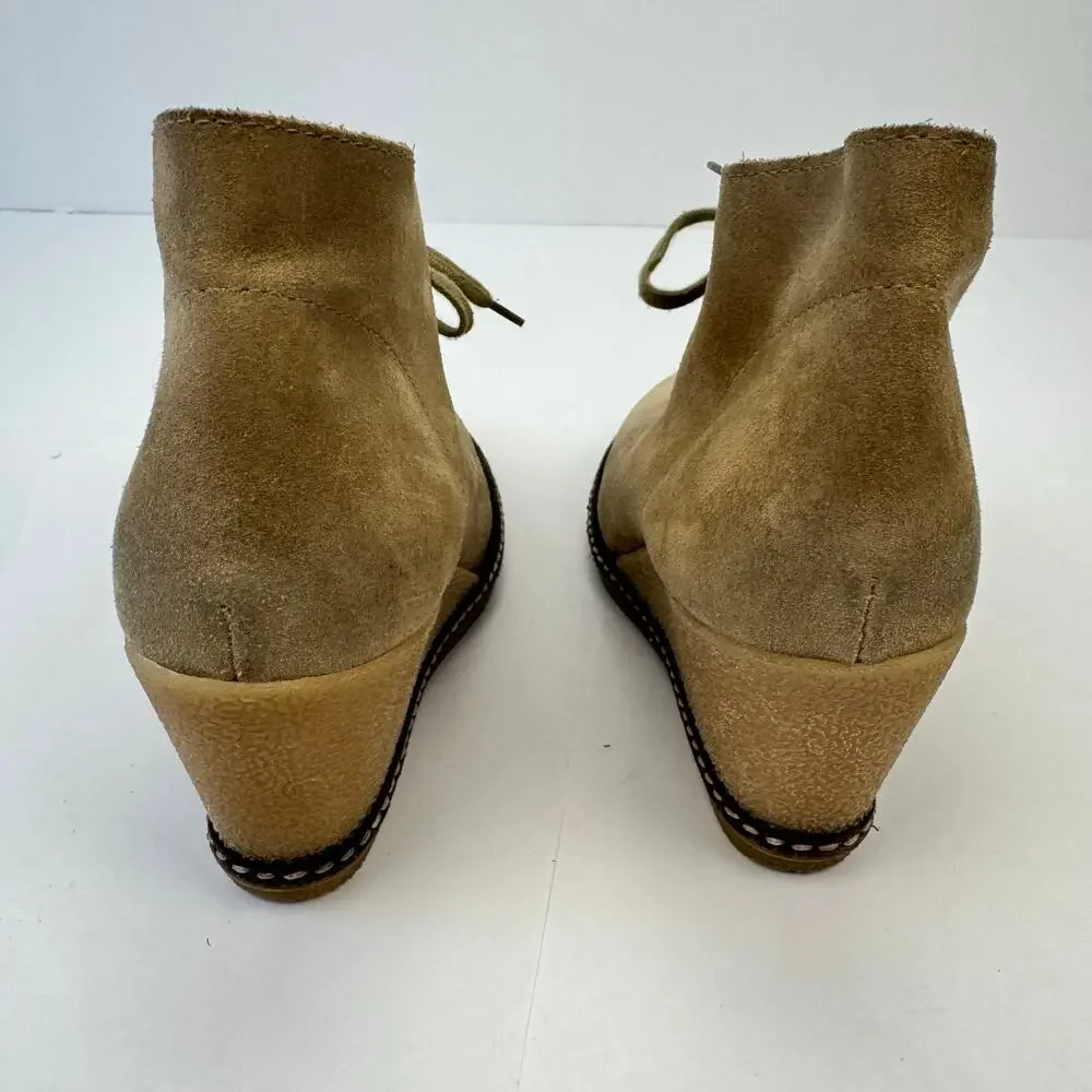 J. Crew Tan Suede Leather Made in Italy Lace Up Wedge Heel Booties‎ Sz 7 Preppy